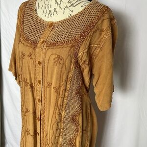 Magic camel colored boho midi fringe embroidered crocheted rayon dress